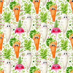 Watercolor seamless pattern. Cute cartoon vegetables characters and floral elements. Radish, carrot and daikon, isolated on a white background.. - 607406042