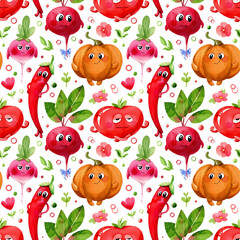 Watercolor seamless pattern. Cute cartoon vegetables characters and floral elements. Radish, beetroot, pimpkin and chilli pepper surrounded by flowers and herbs, isolated on a white background.. - 607406053