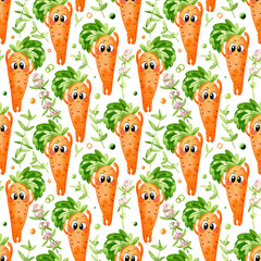 Watercolor seamless pattern. Cute cartoon carrots characters and floral elements. Isolated vegetables on a white background. - 607406098