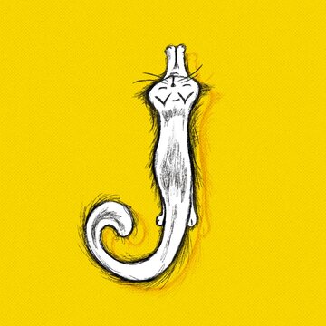 Monogram letter J illustration of cat with long tail and sketchy drawing style bright yellow background  