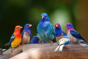 Fototapeta na wymiar blue bird, singing its heart out, surrounded by other colorful birds, created with generative ai