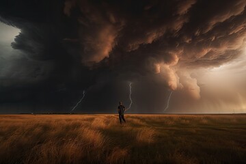 Fototapeta premium person, surrounded by storm clouds and lightning, chasing after tornadoes, created with generative ai