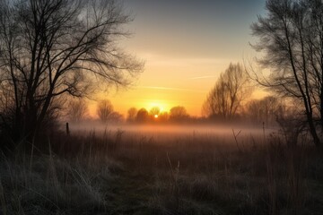 Fototapeta na wymiar sunrise, with misty meadow and silhouetted trees in the background, created with generative ai
