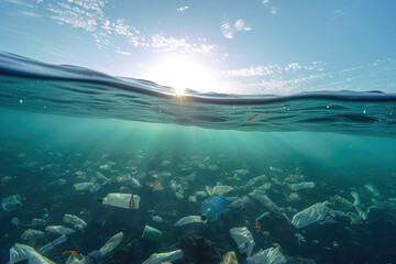 Fototapeta na wymiar Plastic bags littering the ocean are floating in the under water. An underwater view floating trash.