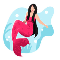 Cute girl mermaid in the sea. Sea background, marine plants, seaweed.  cartoon flat vector illustration.