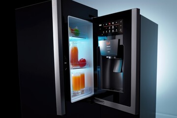 smart refrigerator, with built-in display and touchpad controls, created with generative ai