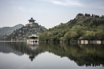 Fototapeta na wymiar peaceful scene with china pagoda overlooking lake and mountains, created with generative ai