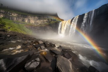 dramatic cascading waterfall, with mist and rainbows in the background, created with generative ai