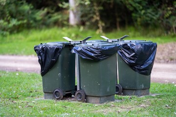 Bins at a campground. Efficient Waste Management System with Wheelie Bins at a Picturesque Camping Site in NSW National Park, Australia