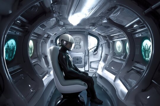 alien worker, traveling to job site aboard futuristic transport vessel, created with generative ai