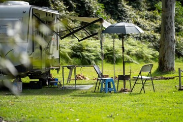 Caravan camping at a camp ground off grid on a holiday in spring 