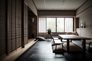 modern japanese style interior with sleek and minimalist design elements, created with generative ai