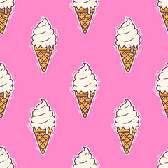 Creamy ice cream cone seamless pattern cartoon style. Vector illustration isolated on pink background
