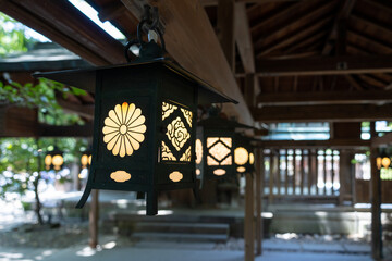 Selective focus of Japan hanging lantern lamp in Japanese temple Inari shrine or temple