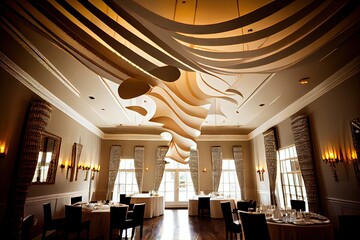 Fototapeta na wymiar paper streamer hanging from ceiling in elegant hotel banquet room, created with generative ai