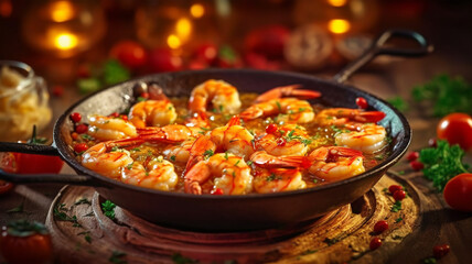 Fried or grilled shrimp with garlic, tomato, spices and oil