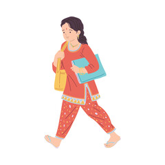 Indian girl in traditional dress goes to school, vector illustration isolated.