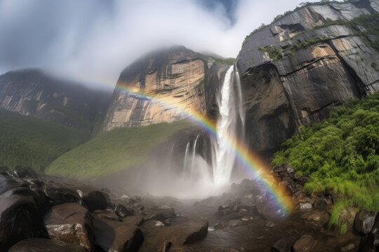 majestic waterfall, with mist and rainbows, against a dramatic mountain backdrop, created with generative ai