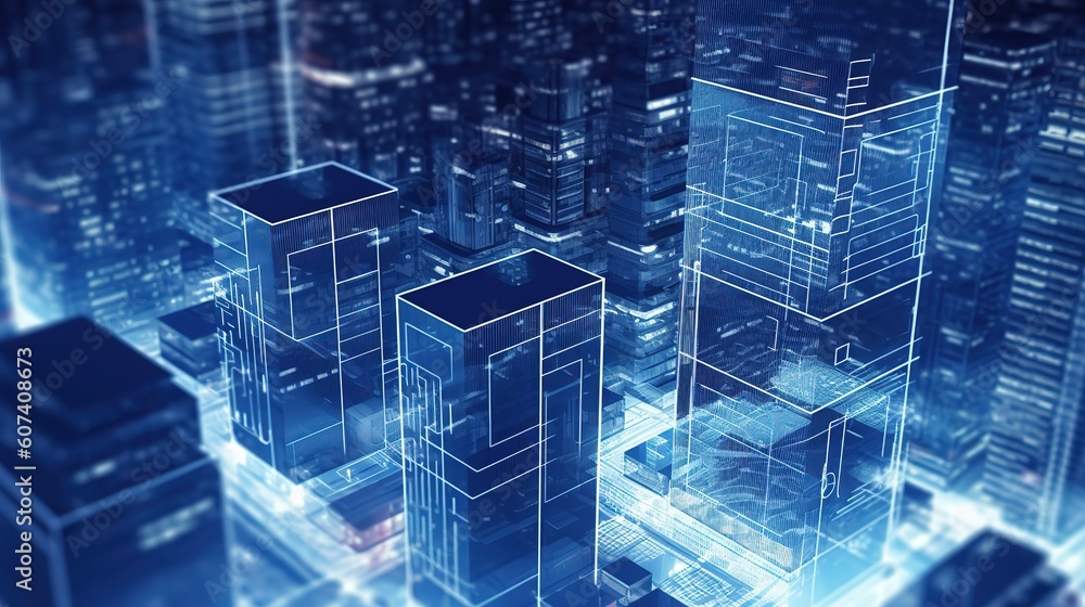 Poster Searching location on map and pin above blue tone cityscape and network connection.Generative AI