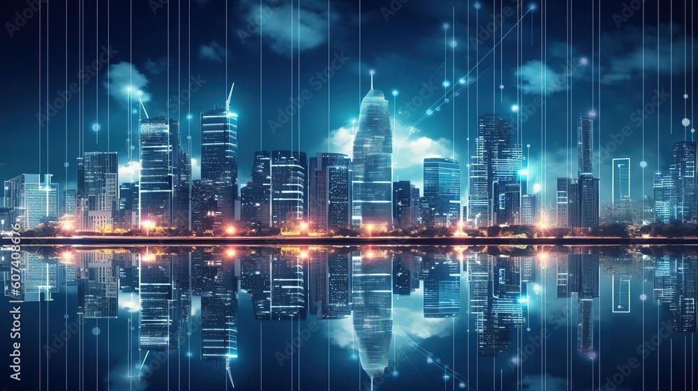 Poster Searching location on map and pin above blue tone cityscape and network connection.Generative AI
