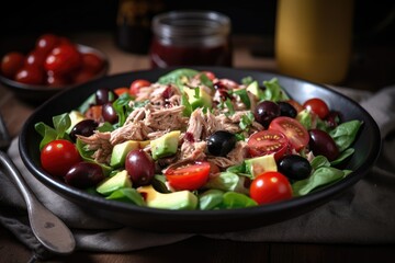 light and refreshing salad with diced tuna, ripe cherry tomatoes, cucumber and balsamic vinaigrette, created with generative ai