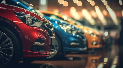 Blurred background of new cars displayed in luxury showroom with light bokeh in motor show event.Generative AI - obrazy, fototapety, plakaty