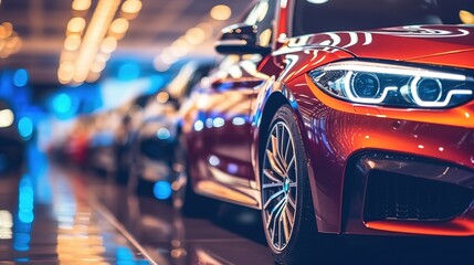 Blurred background of new cars displayed in luxury showroom with light bokeh in motor show event.Generative AI - obrazy, fototapety, plakaty