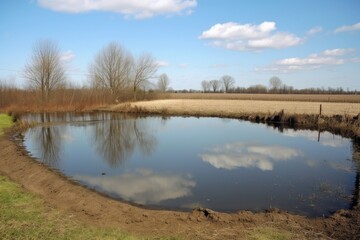 farm pond, with visible black runoff from nearby fields, created with generative ai