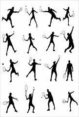 A set of men and women tennis players silhouette on white background. Vector illustration