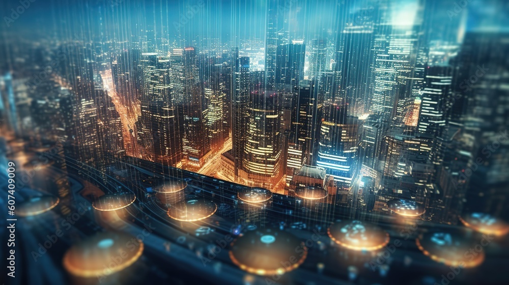 Aufkleber searching location on map and pin above blue tone cityscape and network connection.generative ai