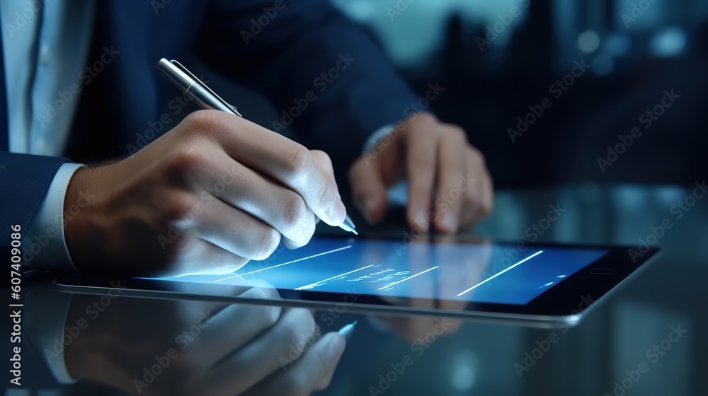 Poster businessman working on laptop computer, browsing internet and taking notes on paper notebook at home