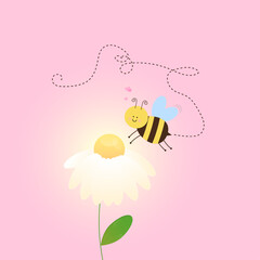 Cute vector illustration of a daisy and a bee. Isolated on a pink background with a heart. Suitable for printing and greeting cards, valentines.