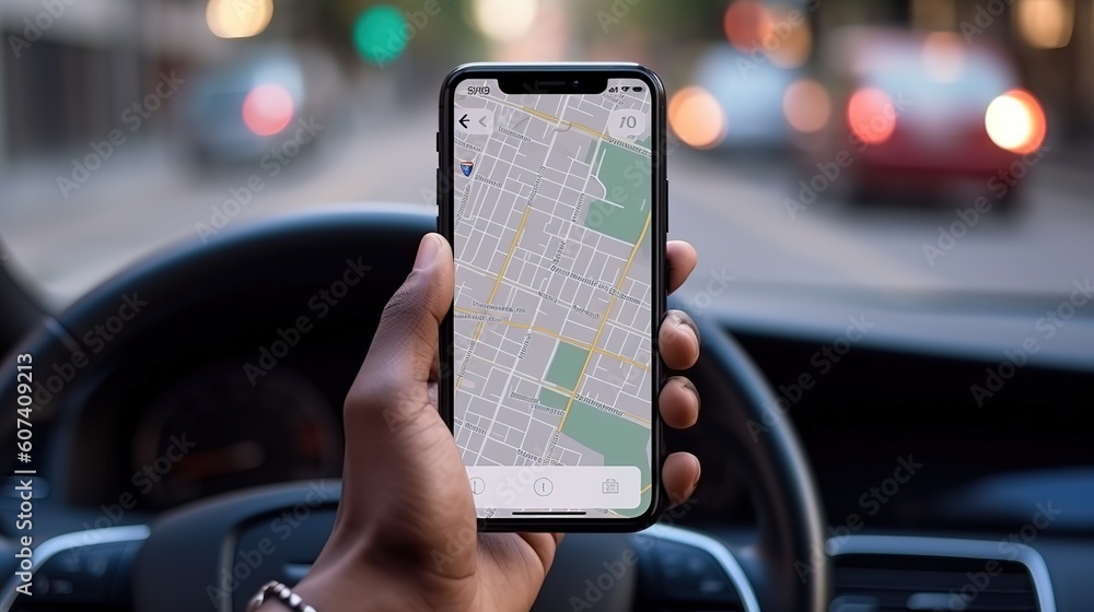 Aufkleber a business person using a mobile smartphone, checking the location of the address using the navigato