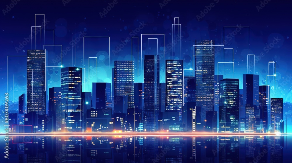 Poster searching location on map and pin above blue tone cityscape and network connection.generative ai