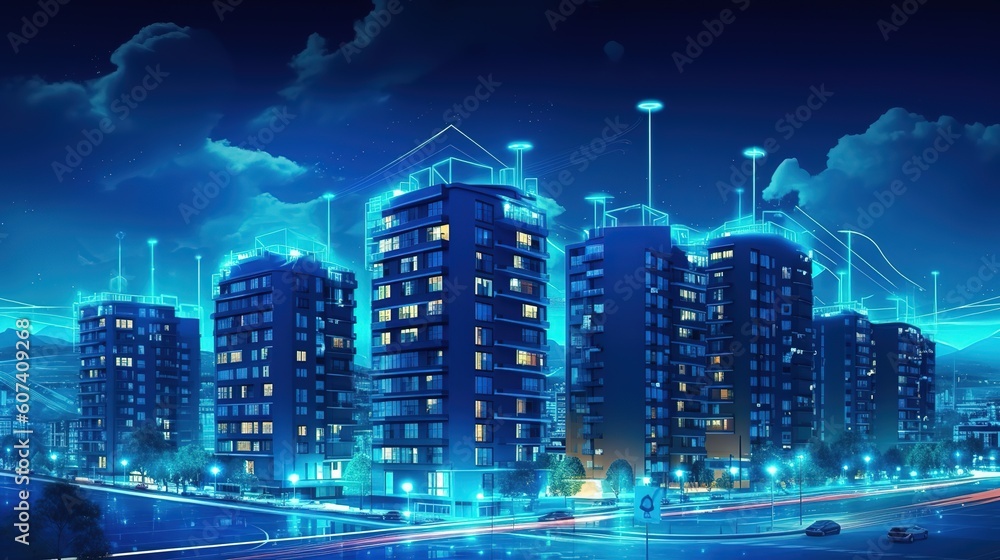 Poster Searching location on map and pin above blue tone cityscape and network connection.Generative AI