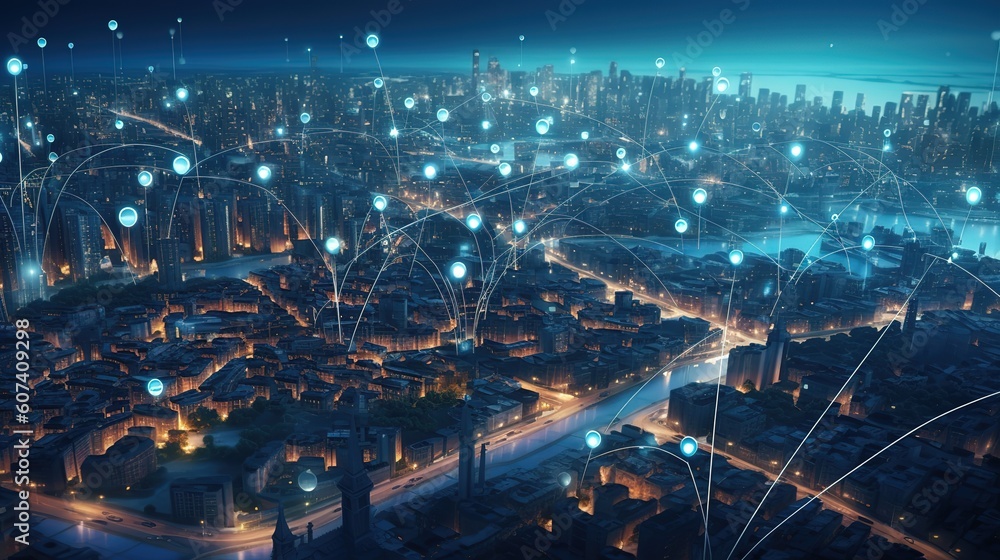 Aufkleber searching location on map and pin above blue tone cityscape and network connection.generative ai