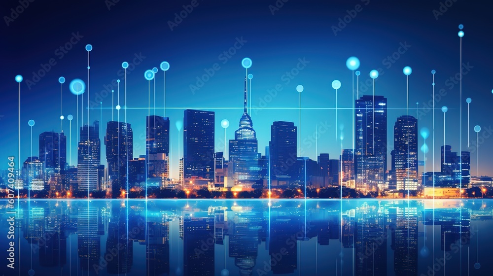 Poster Searching location on map and pin above blue tone cityscape and network connection.Generative AI