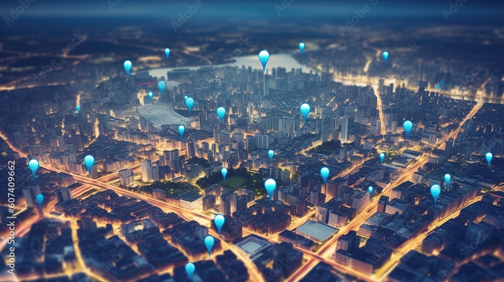 Poster Searching location on map and pin above blue tone cityscape and network connection.Generative AI