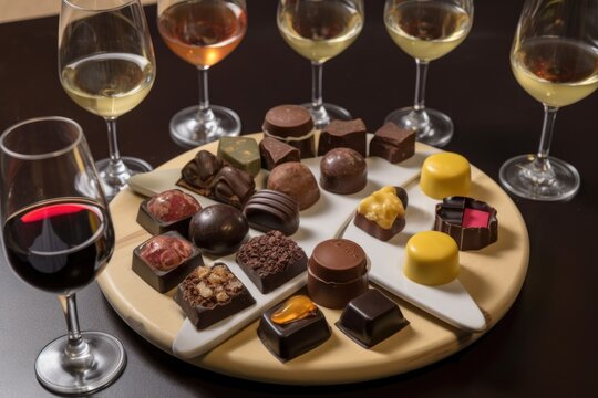 plate of assorted chocolates, paired with diverse selection of wines, created with generative ai