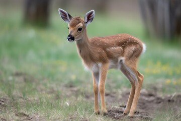 baby antelope standing on wobbly legs in the open plains, created with generative ai