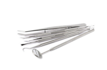 Dental instruments isolated on white background. Professional tools for oral care. Whitens teeth, stimulates gums, removes plaque and tartar. Clean teeth.Dentistry concept. mockup