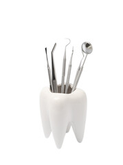Dental instruments and tooth model isolated on white background. Professional tools for oral care. Whitens teeth, stimulates gums, removes plaque and tartar. Clean teeth.Dentistry concept. Collage. De
