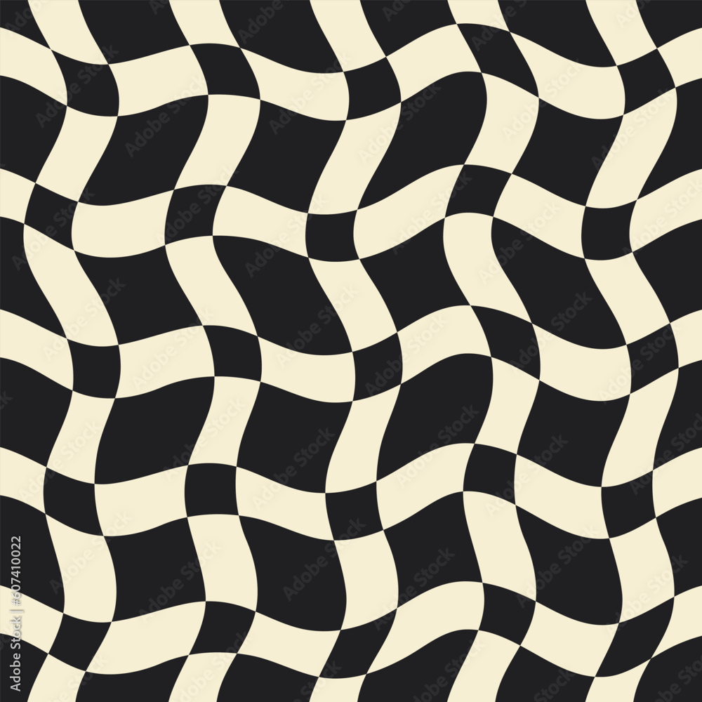 Poster Twisted checkered colorful background. Abstract vector seamless pattern. Retro wavy psychedelic checkerboard