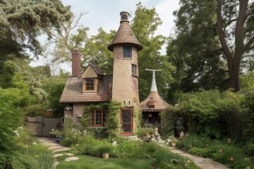 a whimsical cottage with a tall chimney, surrounded by greenery and birds, created with generative ai