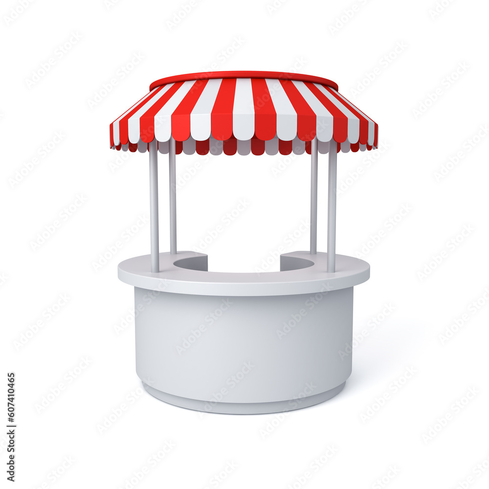 Aufkleber Blank round exhibition booth stall mock up counter design or blank product display store shop stand with red and white striped dome awning isolated on white background minimal conceptual 3D rendering