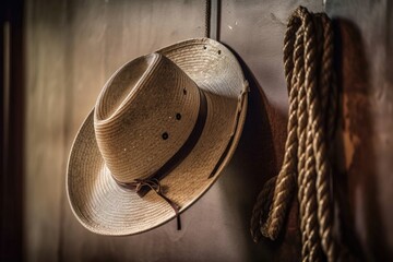 cowboy hat hanging on wall with rope coiled below it, created with generative ai
