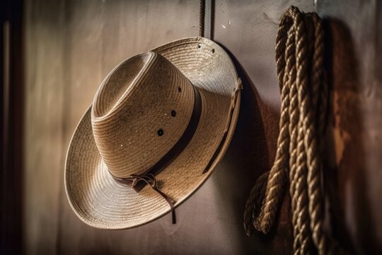 cowboy hat hanging on wall with rope coiled below it, created with generative ai