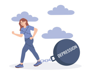 Girl have depression. Woman with weight on chain on her leg. Negative emotional state and frustration, disorder. Psychology and mental health. Emotions and feelings. Cartoon flat vector illustration