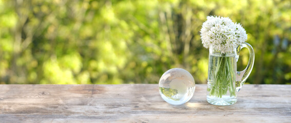 glass ball globe, bouquet of wild garlic flowers on old wooden table in garden, beautiful blurred natural landscape in background with green foliage, Ecology concept, energy of nature for renewable