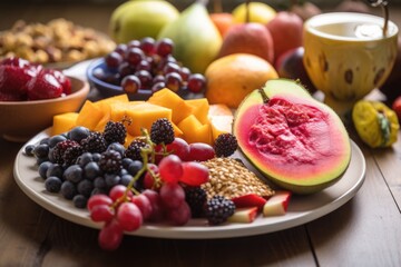 plate of fresh fruits and vegetables, with other foods in the background, created with generative ai